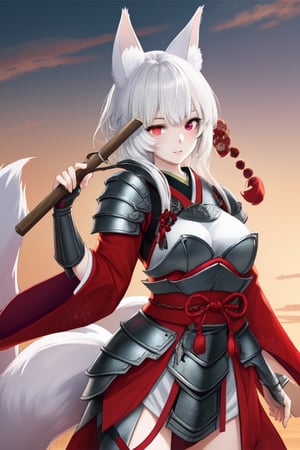 Woman with fox ears and tail holding a glave, wearing an japanesse armor, the scenario is a japan, heterochromia, red eyes