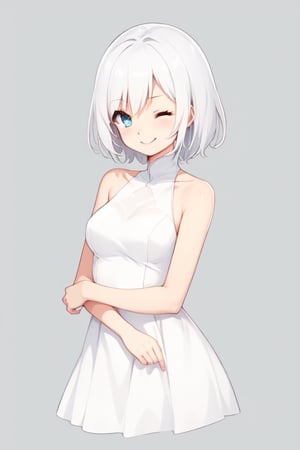 nice colors, white outline, yumi chan art style, simple background, cute, half body, simple, cropped torso, a girl , alone , simple dress , white hair, blue eyes, happy, one eye closed ,
