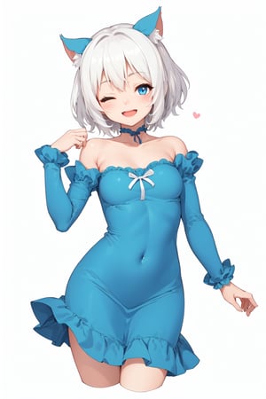 nice colors, white outline, yumi chan art style, simple background, cute, half body, simple, cropped torso, a girl , alone , simple dress , white hair, blue eyes, happy, one eye closed ,
