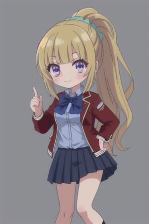 keikaruizawa, chibi model, long hair, bangs, blunt bangs, (purple eyes:1.1), blonde hair, shirt, hair ornament, ponytail, scrunchie, scrunchie, blue scrunchie, smile, BREAK skirt, shirt, bow, school uniform, jacket, (red jacket:1.2), pleated skirt, bow tie, sweater, (blue bow:1.2), (blue shirt:1.2), BREAK underwear, (masterpiece:1.2), 