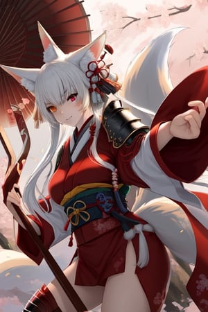 Woman with fox ears and tail holding a glave, wearing an japanesse armor, the scenario is a japan, heterochromia, red eyes