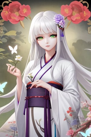 1 girl, solo, long white hair, shiny green eyes, detailed eyes, blink and youll miss it detail, silk hanfu, white robe hanfu, purple glittering butterflies, outdoors, flower garden, high quality, ancient chinese hanfu, floral background, very detailed