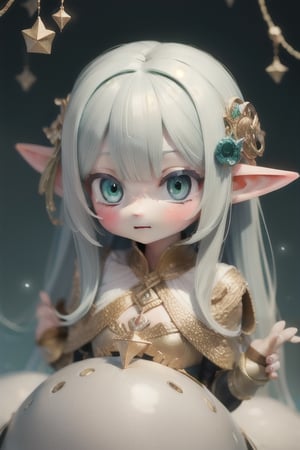 cute, masterpiece, illustrated, elf, green-eyes, long white hair