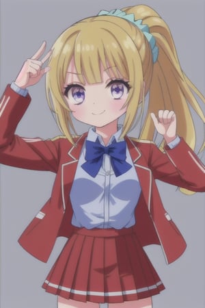 keikaruizawa, chibi model, long hair, bangs, blunt bangs, (purple eyes:1.1), blonde hair, shirt, hair ornament, ponytail, scrunchie, scrunchie, blue scrunchie, smile, BREAK skirt, shirt, bow, school uniform, jacket, (red jacket:1.2), pleated skirt, bow tie, sweater, (blue bow:1.2), (blue shirt:1.2), BREAK underwear, (masterpiece:1.2), 