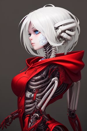 1girl,EA post apocalyptic portrait photo of a red hooded woman, (((front view))), blue eyes,beautiful female, beautiful face, biomechanical android with translucent lingerie armor,scientific illustration,white backgorund,alabaster skin,perfect face