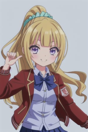 Kei Karuizawa, chibi, long hair, bangs, blunt bangs, (purple eyes:1.1), blonde hair, shirt, hair ornament, ponytail, scrunchie, blue scrunchie, smile, BREAK skirt, shirt, bow, school uniform, jacket, (red jacket:1.2), pleated skirt, bowtie, sweater, (blue bow), (blue shirt),