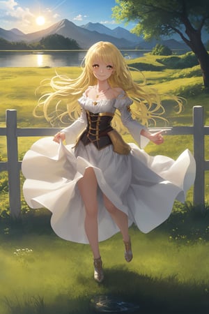 {masterpiece},{best quality},{1girl},Amazing,beautiful detailed eyes,solo,finely detail,Depth of field,extremely detailed CG,original, extremely detailed wallpaper,{{highly detailed skin}},{{messy_hair}},{small_breasts},{{longuette},{grassland},{yellow eyes},full body, incredibly_absurdres,{gold hair}.lace,floating hair,Large number of environments,the medieval ,grace,A girl leaned her hands against the fence,ultra-detailed,illustration, birds,Altocumulus,8kwallpaper,hair_hoop,long_hair,gem necklace,hair_ornament,prospect,water eyes,wind,breeze,god ray,lawn,Mountains and lakes in the distance,The skirt sways with the wind,The sun shines through the trees,A vast expanse of grassland,fence,Blue sky,bloom,smile,glow,The grass sways in the wind