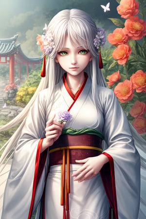 1 girl, solo, long white hair, shiny green eyes, detailed eyes, blink and youll miss it detail, silk hanfu, white robe hanfu, purple glittering butterflies, outdoors, flower garden, high quality, ancient chinese hanfu, floral background, very detailed