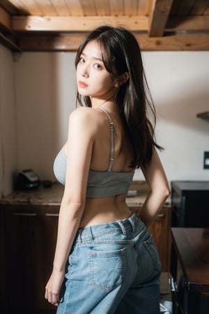 (Realistic, RAW photo), an upper body portrait photo of (busty) girl, natural skin, 8k uhd, high quality, film grain, (Fujifilm XT3), JeeSoo ,dream_girl,  dynamic expression, dark theme casual clothes, bare shoulders ,makima (chainsaw man),ass up wait