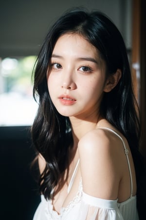 (Realistic, RAW photo), an upper body portrait photo of (busty) girl, natural skin, 8k uhd, high quality, film grain, (Fujifilm XT3), JeeSoo ,dream_girl,  dynamic expression, dark theme casual clothes, bare shoulders 