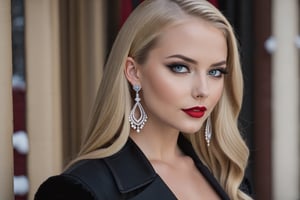 young adult female, long blonde hair, A-line lob hairstyle, dark grey eyes, black lid liner, lightblue colored waterline, red lipstick, wearing black corsett, silver earrings hoops, dusk, winter, soft make-up, thin straigth shape eyebrows