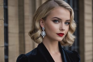 young adult female, wavy lob hair cut, blonde hair, dark grey eyes, black lid liner, lightblue colored waterline, red lipstick, wearing black velvet dress, silver earrings hoops, dusk, winter, heavy make-up, thin straight eyebrows