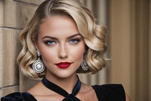 young adult female, wavy lob hair cut, blonde hair, dark grey eyes, black lid liner, lightblue colored waterline, red lipstick, wearing black velvet dress, silver earrings, dawn, summer, heavy make-up, thin straight eyebrows