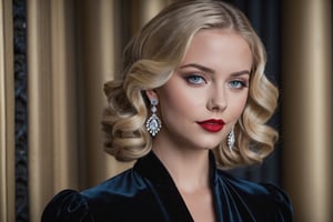 young adult female, blonde hair, wavy lob hairstyle, dark grey eyes, black lid liner, lightblue colored waterline, red lipstick, mouth shut, wearing black velvet dress, silver earrings hoops, dusk, winter, soft make-up, thin straigth shape eyebrows