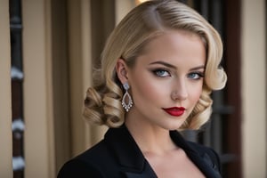 young adult female, shoulder length waved blonde hair, dark grey eyes, black lid liner, lightblue colored waterline, red lipstick, wearing black corsett, silver earrings hoops, dusk, winter, soft make-up, thin straigth shape eyebrows