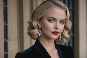 young adult female, wavy lob hair cut, blonde hair, dark grey eyes, black lid liner, lightblue colored waterline, red lipstick, wearing black velvet dress, silver earrings hoops, dusk, winter, heavy make-up, thin straight eyebrows