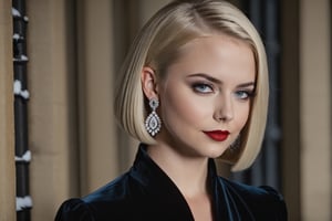 young adult female, layered midi hair cut, blonde hair, dark grey eyes, black lid liner, lightblue colored waterline, red lipstick, wearing black velvet dress, silver earrings hoops, dusk, winter, heavy make-up, thin straight eyebrows