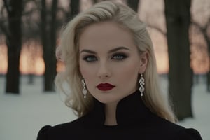 adult female, long_flat_blonde_hair, dark_grey_eyes, black_lid_liner, 
white_colored_waterline, redish_lipstick, wearing black_corsett, silver_earrings_hoops, dusk, winter, soft_make-up, small_brows,cinematic film still photo, . 35mm photograph,