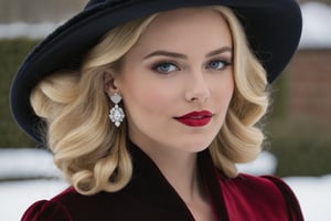 young adult female, wavy lob hair cut, long blonde hair, dark grey eyes, black lid liner, lightblue colored waterline, red lipstick, wearing red velvet dress, silver earrings, dawn, winter, heavy make-up, thin straight eyebrows, royal ascot hat