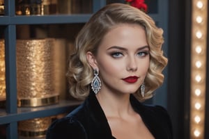 young adult female, wavy lob hair cut, blonde hair, dark grey eyes, black lid liner, lightblue colored waterline, red lipstick, wearing black velvet dress, silver earrings hoops, dusk, winter, heavy make-up, thin straight eyebrows