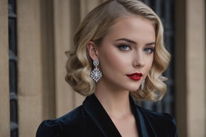 young adult female, wavy lob hair cut, blonde hair, dark grey eyes, black lid liner, lightblue colored waterline, red lipstick, wearing black velvet dress, silver earrings hoops, dusk, winter, heavy make-up, thin straight eyebrows