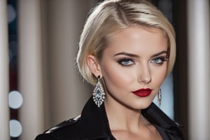 young adult female, choppy lob hairstyle, blonde hair, dark grey eyes, black lid liner, lightblue colored waterline, red lipstick, wearing black corsett, silver earrings hoops, dusk, winter, soft make-up, thin straigth shape eyebrows