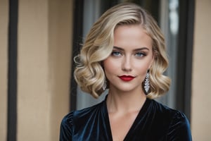 young adult female, wavy lob hair cut, blonde hair, dark grey eyes, black lid liner, lightblue colored waterline, red lipstick, wearing black velvet dress, silver earrings, dawn, summer, heavy make-up, thin straight eyebrows