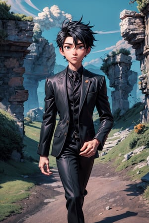 Masterpiece, beautiful, Incredibly detailed, a young man, short black hair, orange eyes (anime detailed Eyes ), black suit, perfect fingers, enjoying an outdoor walk, fantastic setting, incredibly detailed background, full hd,4k