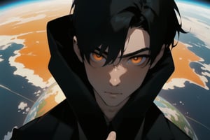 Masterpiece, Highly detailed, high quality, Incredibly detailed, beautiful, nijistyle, 1guy, perfect hands, perfect fingers, detailed Eyes, anime Eyes, (Full shot), (A handsome young man with short black hair, orange eyes, dressed in a casual black suit with the power to fly flies over planet earth.), Highly detailed background, Full Hd, 4K