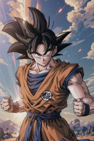 Masterpiece, beautiful, Incredibly detailed, 1guy, Detailed Eyes, anime eyes, black eyes, Better Hands, perfect fingers, Perfectly clenched fist, (goku From Dragon Ball Z), (Goku floats powerfully in Earth's atmosphere. The energy in your body radiates around you, creating an intense aura that illuminates the nearby clouds. The sky behind him is tinged with the colors of sunset, and the sunlight reflects flashes on his orange and blue fighter uniform. Despite the serenity of the surrounding space, Goku's expression is one of determination and strength, ready to face any challenge that comes his way.) Full Shot, Highly Detailed Background, Full Hd, 4K