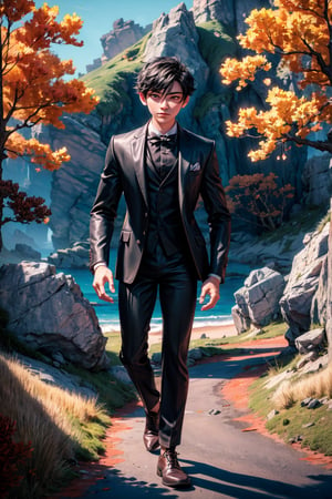Masterpiece, beautiful, Incredibly detailed, a young man, short black hair, orange eyes, black suit, perfect fingers, enjoying an outdoor walk, fantastic setting, incredibly detailed background, full hd,4k