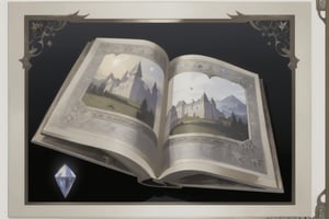 Masterpiece, Incredibly detailed, beautiful, Magic and fantasy, concept art, Professional work, digital illustration of an item from a video game, (an antique book made of Night Oak Wood,
Star Silver and Star Crystal), All-white background, Full Hd, 4K