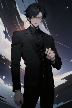 Masterpiece, Highly detailed, high quality, Incredibly detailed, beautiful, nijistyle, 1guy, perfect hands, perfect fingers, detailed Eyes, anime Eyes, Epic setting, (A handsome young man with short black hair, orange eyes, dressed in a casual black suit standing in the middle of a storm), Highly detailed background, Full Hd, 4K