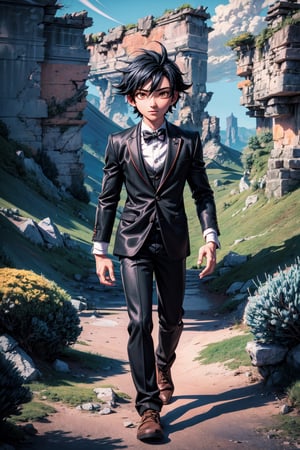 Masterpiece, beautiful, Incredibly detailed, a young man, short black hair, orange eyes (anime detailed Eyes ), black suit, perfect fingers, enjoying an outdoor walk, fantastic setting, incredibly detailed background, full hd,4k