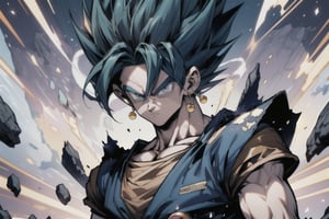 Masterpiece, beautiful, Incredibly detailed, nijistyle, Detailed Eyes, Anime eyes, Perfect Hands, Perfect Fingers, (Vegito from the Dragon Ball Z series), (Vegito, the powerful fusion from the Dragon Ball Z series, is set on a devastated battlefield, complete with smoking craters and scattered debris. The situation is intense and heroic, with Vegito at the center of the action. His posture is firm and defiant, with tense muscles and a sparkling aura of blue energy surrounding him. Details such as energy particles floating in the air and the determined expressions of the characters in the background add drama and power to the scene.), Highly Detailed Background, Full Hd, 4K,