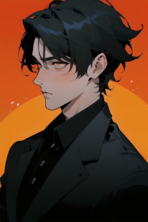 Masterpiece, Highly detailed, high quality, Incredibly detailed, beautiful, nijistyle, 1guy, perfect hands, perfect fingers, detailed Eyes, anime Eyes, (A profile self-portrait of a handsome young man with short black hair and orange eyes in a casual black suit), Highly detailed background, Full Hd, 4K,