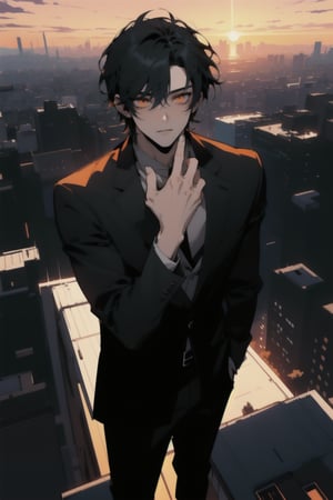 Masterpiece, Highly detailed, high quality, Incredibly detailed, beautiful, nijistyle, 1guy, perfect hands, perfect fingers, detailed Eyes, anime Eyes, (A handsome young man with short black hair, orange eyes, wearing a casual black suit, flying over a city at sunset), Highly detailed background, Full Hd, 4K
