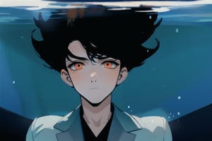 Masterpiece, Highly detailed, high quality, beautiful, 1guy, Perfect hands, nijistyle, underwater, (A handsome young man with short black hair, orange eyes with a sad expression sinking under the dark ocean), Incredibly detailed background, Full Hd, 4K.,underwater