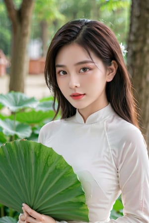 Best Quality,Masterpiece,Ultra High Resolution,(Realisticity:1.4),photorealistic,extreme detailed,Original Photo,1girl,portrait,(fullbody),elf,silver hair,solo,(dynamic posture:1.4),ao dai,(dark sea green tone:1.2),giant lotus leaf,dress,looking at the audiences,long sleeves,red lips,smile,50mm,F0.8,8K raw,depth of field,,aodaixl,chinese girls,hanfu