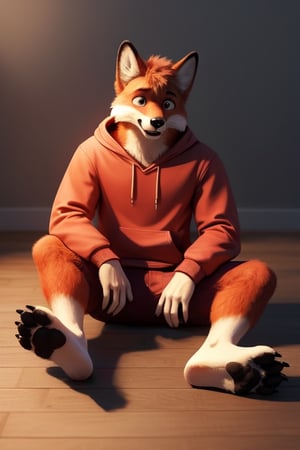 looking shocked, anthro, fox, main focus on feet, transformation, body covered in red fur, white soles, dark black paw pads, animal feet, claws, Furry_feet, five toes,showing his feet, looking shocked at his paws, wearing red hoodie, sitting on floor