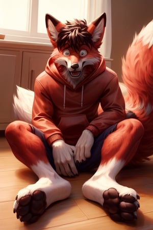 shocked, anthro, fox, transformation, showing feet to the viewer, looking shocked at feet, wearing red hoodie, sitting on floor,hands visible, red fur, white soles, red paws, paw pads, black paw pads, animal feet, claws, Furry_feet, five toes