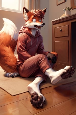 looking shocked, anthro, fox, main focus on feet, transformation, body covered in red fur, white soles, black paw pads, animal feet, claws, Furry_feet, five toes,showing his feet, looking shocked at his paws, wearing red hoodie, sitting on floor