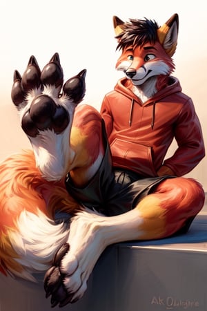 anthro, fox, transformation, showing his feet, wearing shorts, red hoodie,whole body covered in bright red fur, white soles, dark black paw pads, animal feet, claws, Furry_feet, closeup of feet