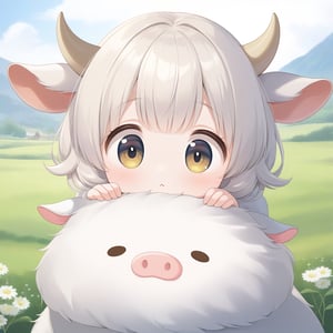 a very cute cow, big eyes, small horns, soft fur, gentle expression, pastoral background
