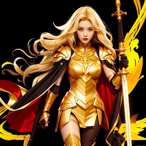 Intertwined, Full-body Armor, Queenly, Coiled Golden Long Hair, Holy Sword, Majestic Cape, Ruined Background, Ornate Armor, Opulent, full body, entire body, full_body, 1girl, solo, female_solo,genshinweapon,Young beauty spirit ,1girl,p3rfect boobs,solo,Nice legs and hot body