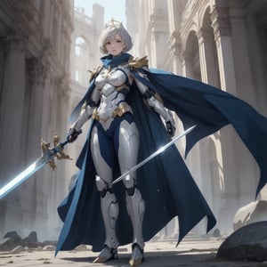 Silver, Blue, Intertwined, Full-body Armor, Queenly, Golden Short Hair, Holy Sword, Majestic Cape, Ruined Background, Opulent Armor, Ornate, full body, entire body, full_body, 1girl, solo, female_solo,Mecha body
