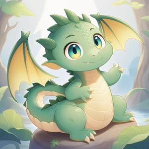 a very cute dragon, big eyes, small wings, soft scales, playful expression, fantasy background