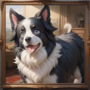 ((masterpiece)),((best quality)), 8k, high detailed, ultra-detailed, an oil painting of a very cute Border Collie, realistic textures, vibrant colors, big eyes, soft fur, playful expression, detailed background