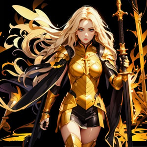 Intertwined, Full-body Armor, Queenly, Coiled Golden Long Hair, Holy Sword, Majestic Cape, Ruined Background, Ornate Armor, Opulent, full body, entire body, full_body, 1girl, solo, female_solo,genshinweapon,Young beauty spirit ,1girl,p3rfect boobs,solo,Nice legs and hot body