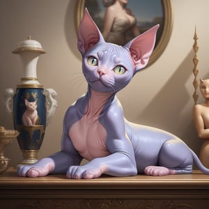 ((masterpiece)),((best quality)), 8k, high detailed, ultra-detailed, an oil painting of a Sphynx cat, realistic textures, vibrant colors, detailed skin, elegant pose, expressive eyes, classic background